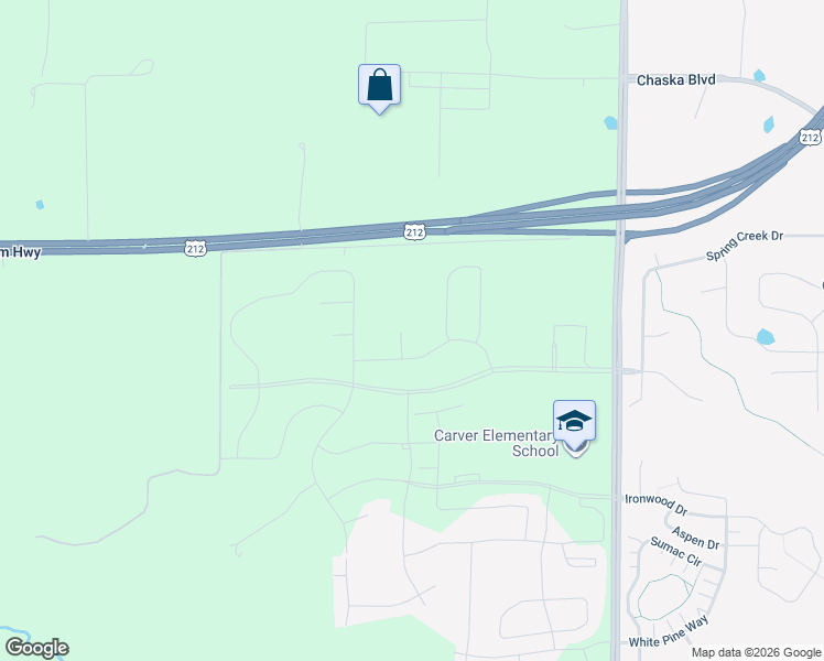 map of restaurants, bars, coffee shops, grocery stores, and more near 1819 Dauwalter Circle in Carver