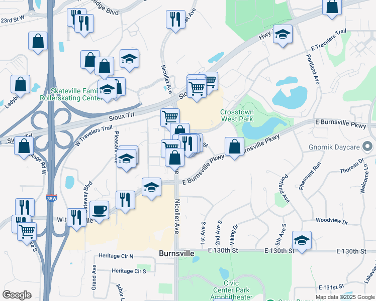 map of restaurants, bars, coffee shops, grocery stores, and more near 12601c Nicollet Avenue in Burnsville