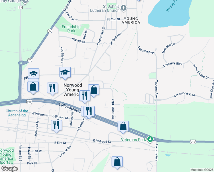 map of restaurants, bars, coffee shops, grocery stores, and more near 112 Poplar Ridge Drive in Norwood Young America