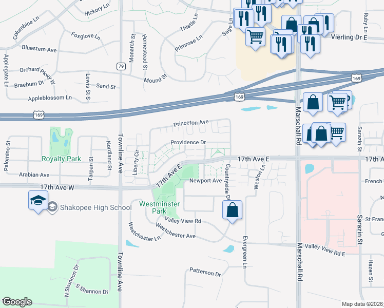 map of restaurants, bars, coffee shops, grocery stores, and more near 794 Cobblestone Way in Shakopee