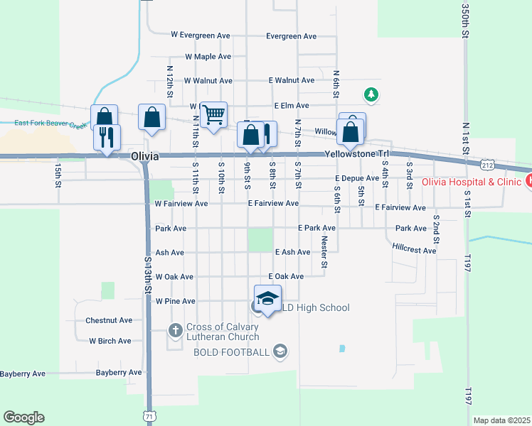 map of restaurants, bars, coffee shops, grocery stores, and more near 311 North 9th Street in Olivia