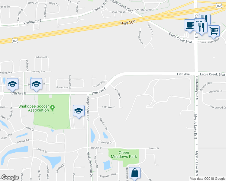 map of restaurants, bars, coffee shops, grocery stores, and more near 1716 Philipp Drive in Shakopee