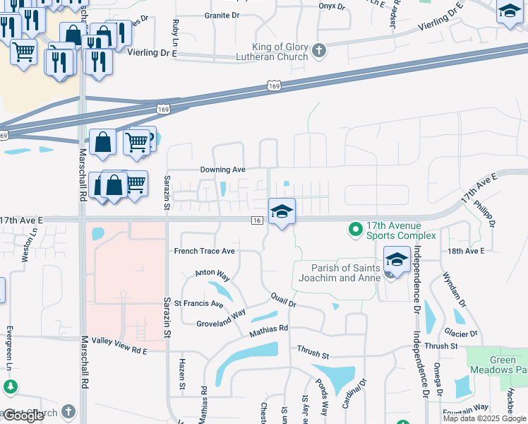 map of restaurants, bars, coffee shops, grocery stores, and more near 2140 Limerick Lane in Shakopee