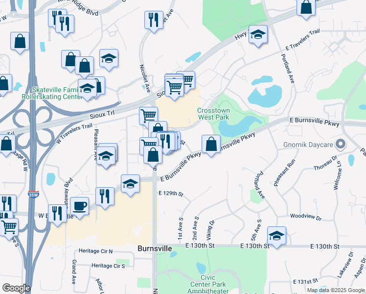 map of restaurants, bars, coffee shops, grocery stores, and more near 200 East Burnsville Parkway in Burnsville