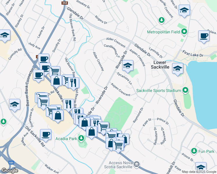 map of restaurants, bars, coffee shops, grocery stores, and more near 1177 Riverside Drive in Lower Sackville