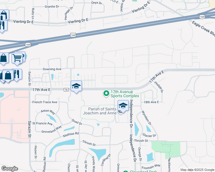 map of restaurants, bars, coffee shops, grocery stores, and more near 2450 Queen Avenue in Shakopee