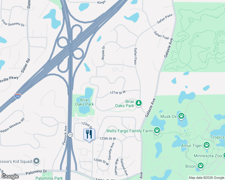 map of restaurants, bars, coffee shops, grocery stores, and more near 7210 121st Street West in Apple Valley