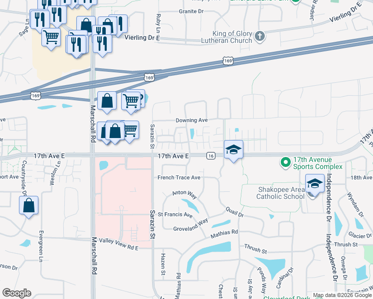 map of restaurants, bars, coffee shops, grocery stores, and more near 1664 Brittany Drive in Shakopee