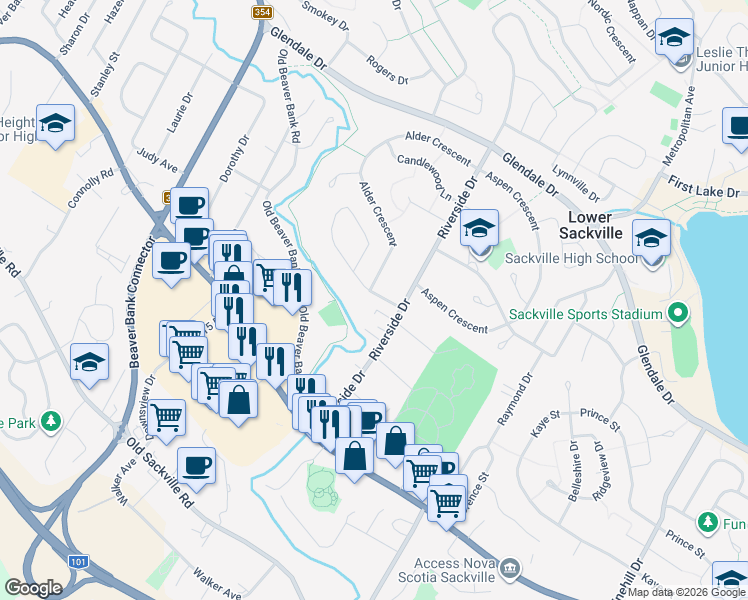 map of restaurants, bars, coffee shops, grocery stores, and more near 16 Balsam Circle in Lower Sackville