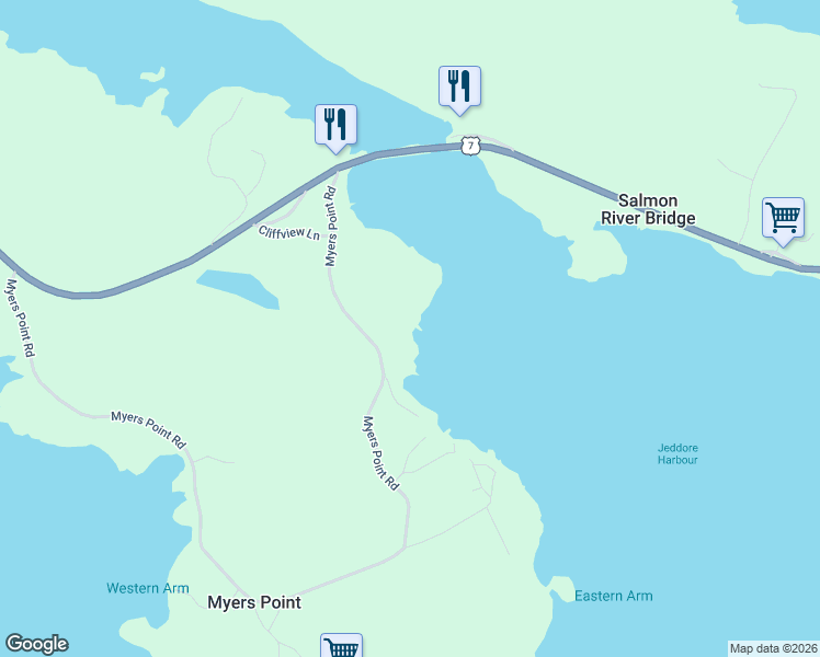 map of restaurants, bars, coffee shops, grocery stores, and more near 562 Myers Point Road in Head of Jeddore