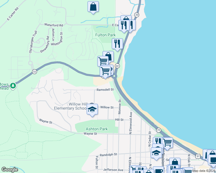 map of restaurants, bars, coffee shops, grocery stores, and more near 1109 Bay Street in Traverse City