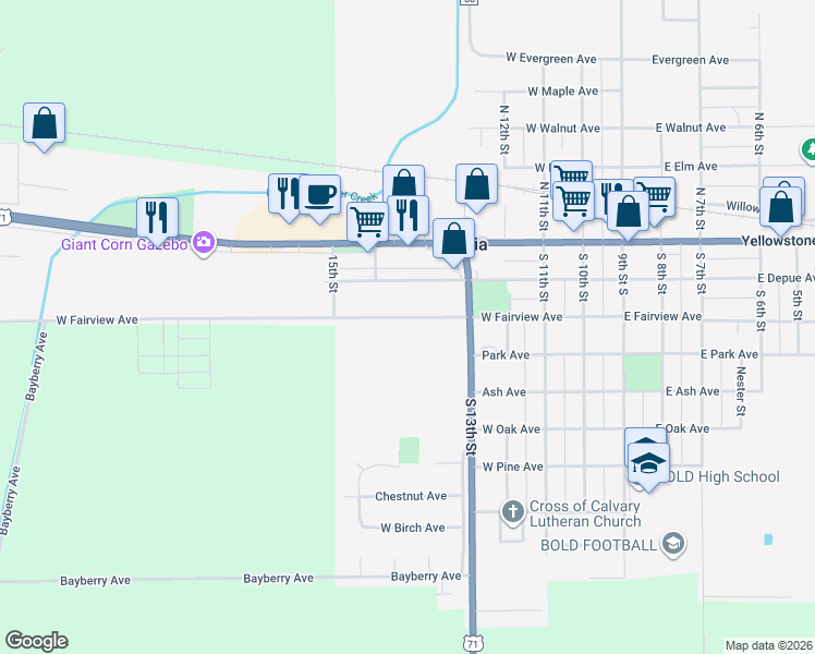 map of restaurants, bars, coffee shops, grocery stores, and more near 1315 West Fairview Avenue in Olivia