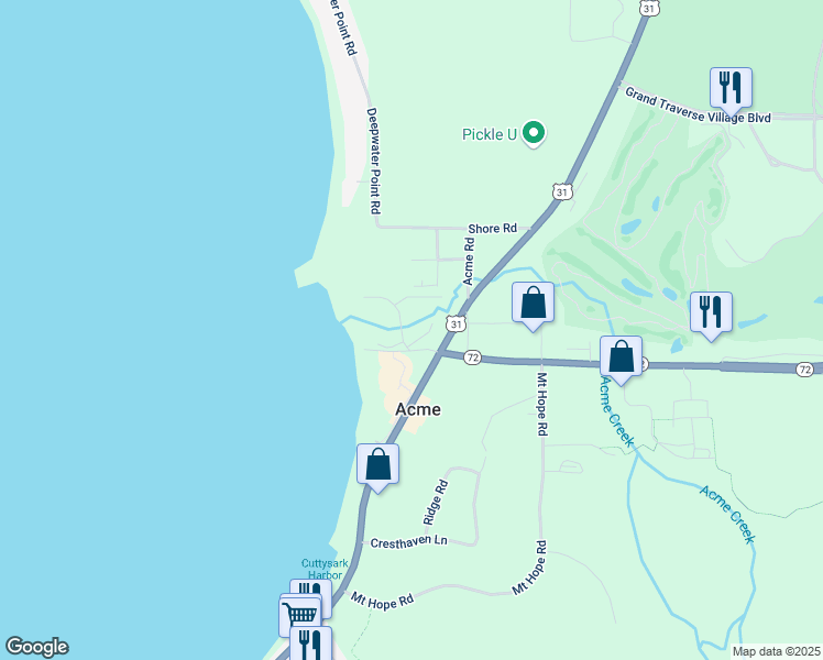 map of restaurants, bars, coffee shops, grocery stores, and more near 3470 Shores Beach Lane in Williamsburg