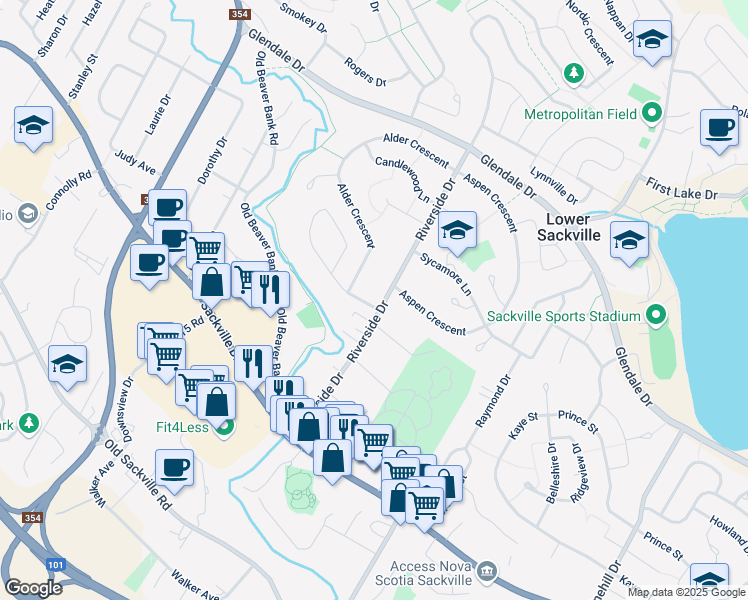 map of restaurants, bars, coffee shops, grocery stores, and more near 1150 Riverside Drive in Lower Sackville