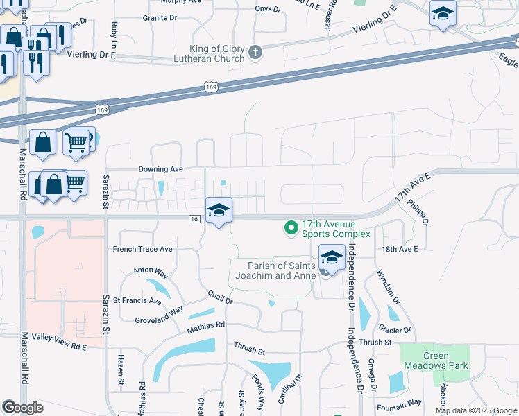 map of restaurants, bars, coffee shops, grocery stores, and more near 225 17th Avenue East in Shakopee