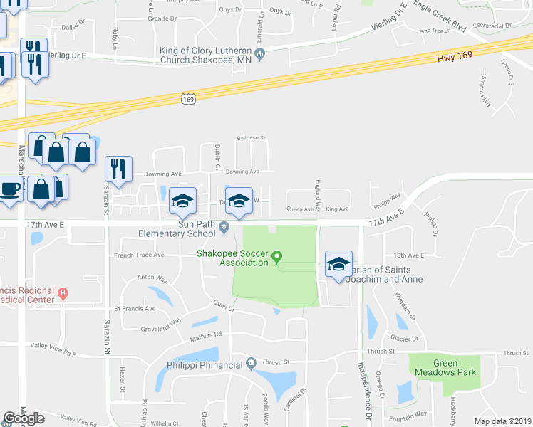 map of restaurants, bars, coffee shops, grocery stores, and more near 1668 Delaney Lane in Shakopee