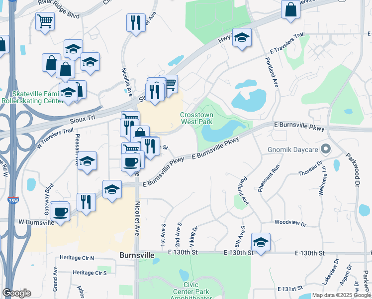 map of restaurants, bars, coffee shops, grocery stores, and more near 299 East Burnsville Parkway in Burnsville