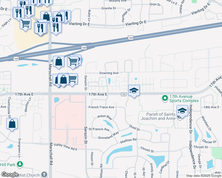 map of restaurants, bars, coffee shops, grocery stores, and more near 1705 Brittany Drive in Shakopee