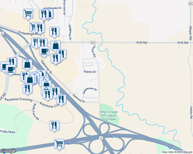 map of restaurants, bars, coffee shops, grocery stores, and more near 5726 Otter Creek Court in Eau Claire