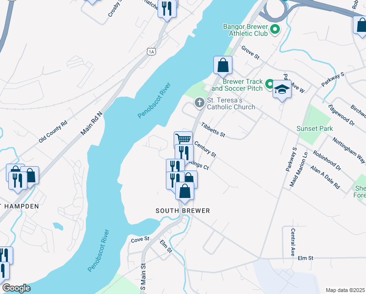 map of restaurants, bars, coffee shops, grocery stores, and more near 457 South Main Street in Brewer