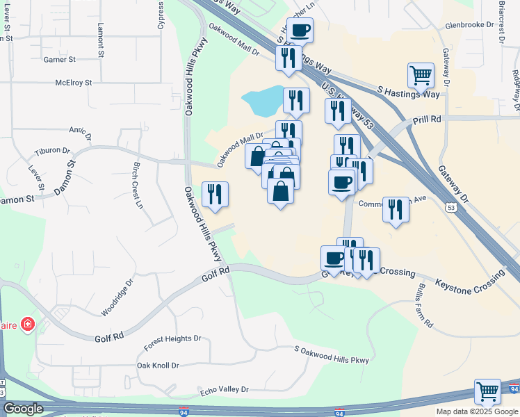 map of restaurants, bars, coffee shops, grocery stores, and more near 4720 Golf Road in Eau Claire