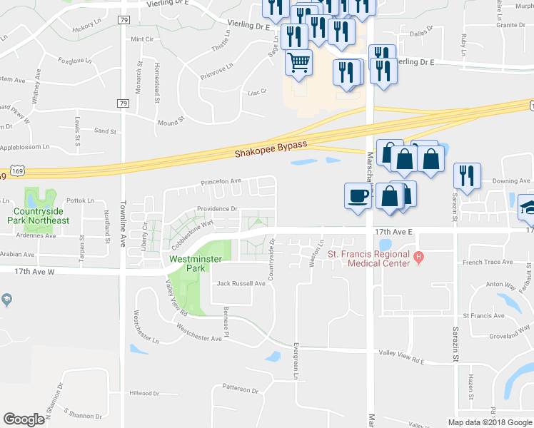 map of restaurants, bars, coffee shops, grocery stores, and more near 1054 Providence Drive in Shakopee