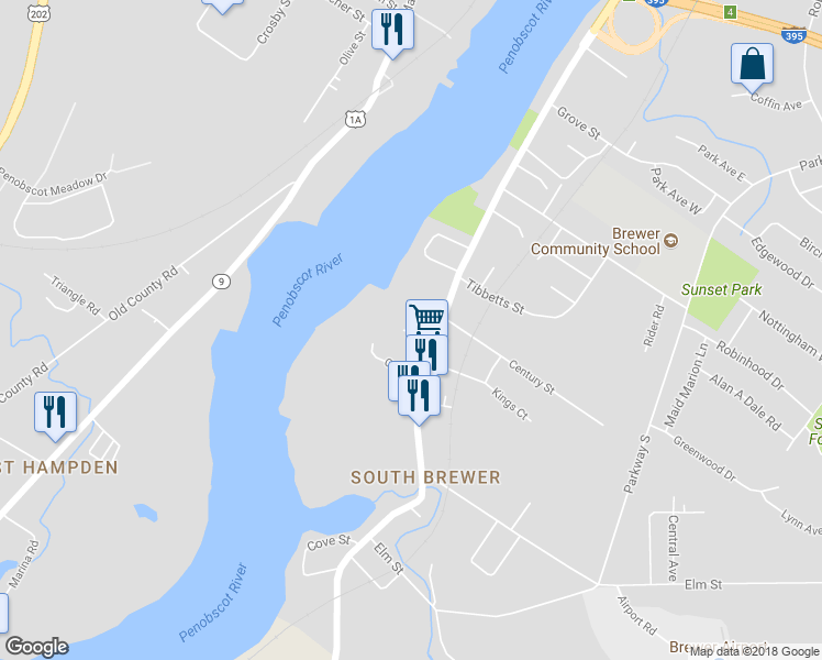 map of restaurants, bars, coffee shops, grocery stores, and more near 6 Chambers Court in Brewer