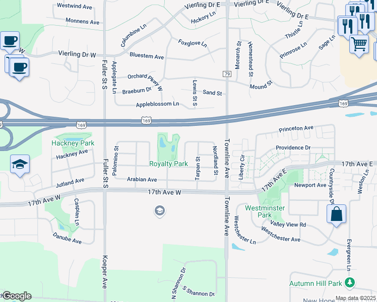 map of restaurants, bars, coffee shops, grocery stores, and more near 144 Pottok Lane in Shakopee