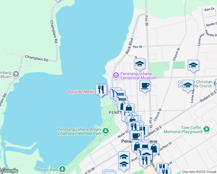 map of restaurants, bars, coffee shops, grocery stores, and more near 2 Beck Boulevard in Penetanguishene