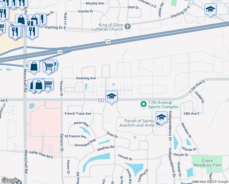 map of restaurants, bars, coffee shops, grocery stores, and more near 1655 Wellington Lane in Shakopee