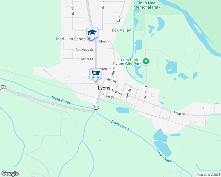 map of restaurants, bars, coffee shops, grocery stores, and more near 711 Main Street in Lyons