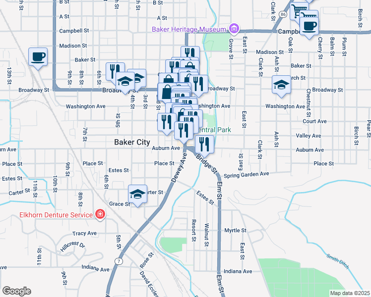 map of restaurants, bars, coffee shops, grocery stores, and more near 1780 Main Street in Baker City