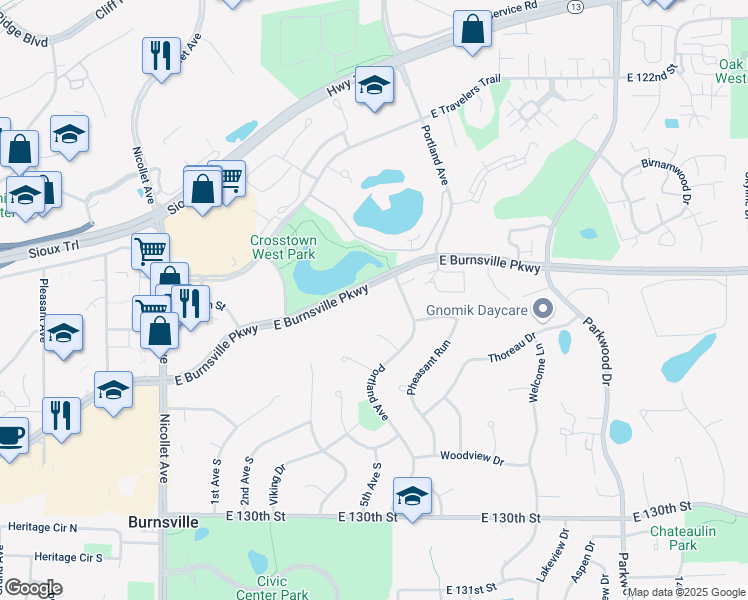 map of restaurants, bars, coffee shops, grocery stores, and more near 501 East Burnsville Parkway in Burnsville