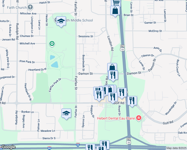 map of restaurants, bars, coffee shops, grocery stores, and more near 2509 Damon Street in Eau Claire