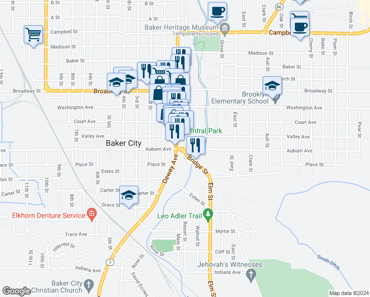 map of restaurants, bars, coffee shops, grocery stores, and more near Highway 30 in Baker City