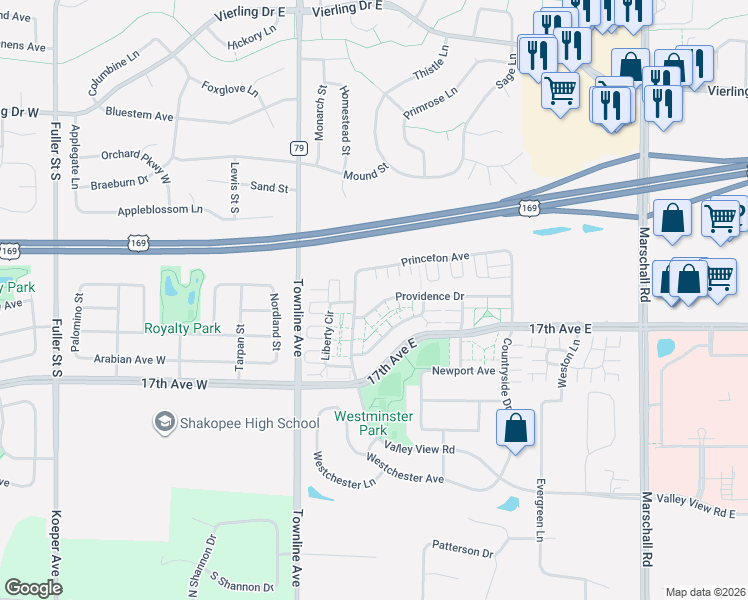 map of restaurants, bars, coffee shops, grocery stores, and more near 1571 Liberty Street in Shakopee