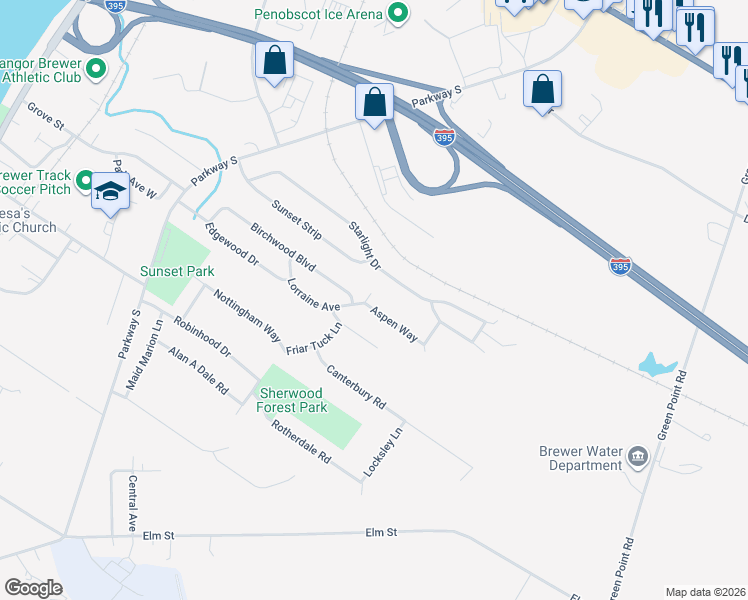 map of restaurants, bars, coffee shops, grocery stores, and more near 68 Lorraine Avenue in Brewer