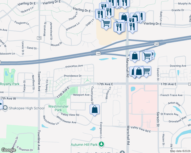 map of restaurants, bars, coffee shops, grocery stores, and more near 1643 Countryside Drive in Shakopee