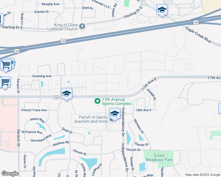 map of restaurants, bars, coffee shops, grocery stores, and more near 2795 King Avenue in Shakopee