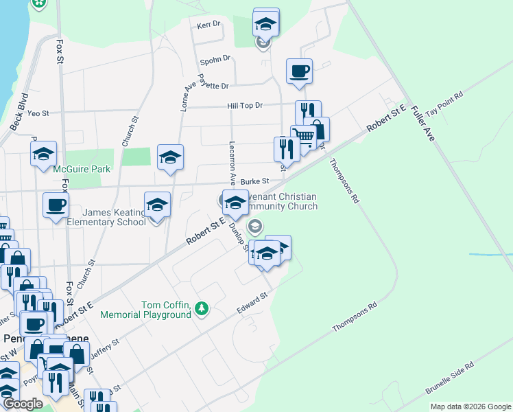 map of restaurants, bars, coffee shops, grocery stores, and more near 126 Robert Street East in Penetanguishene