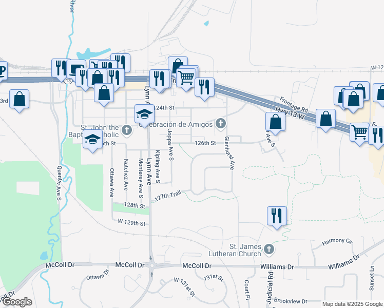 map of restaurants, bars, coffee shops, grocery stores, and more near 4132 126th Terrace in Savage