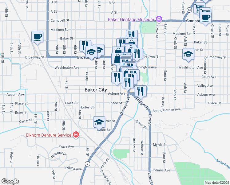 map of restaurants, bars, coffee shops, grocery stores, and more near 2005 Valley Avenue in Baker City