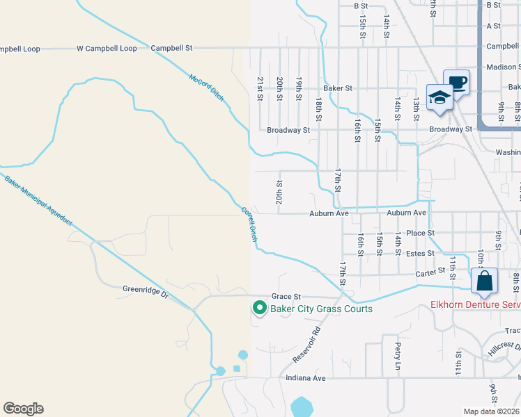 map of restaurants, bars, coffee shops, grocery stores, and more near 4100 Auburn Street in Baker City