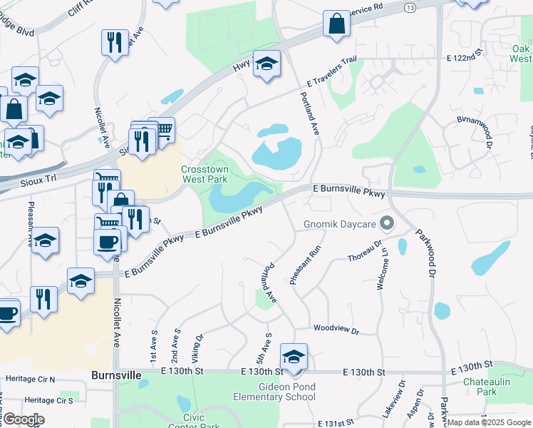 map of restaurants, bars, coffee shops, grocery stores, and more near 501 East Burnsville Parkway in Burnsville