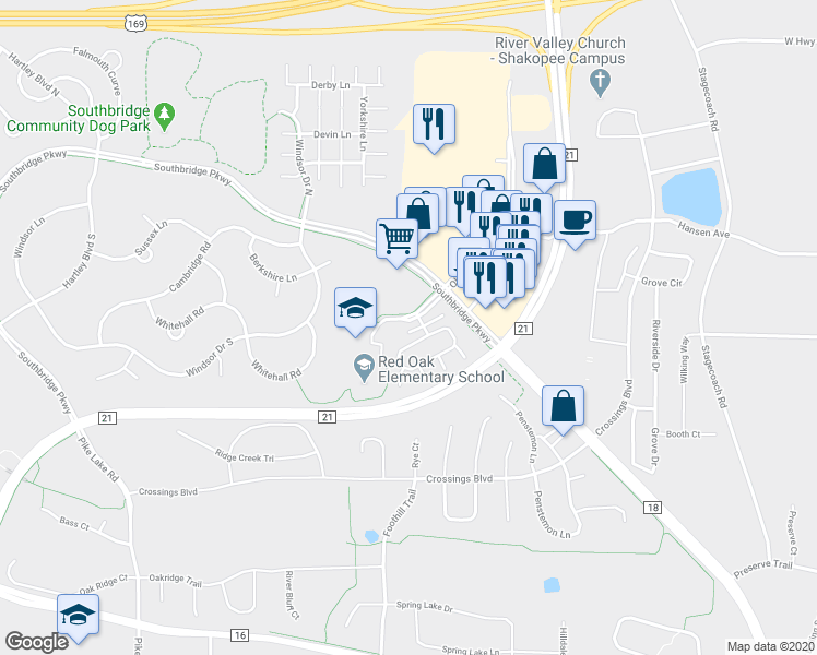 map of restaurants, bars, coffee shops, grocery stores, and more near 7842 Old Carriage Court in Shakopee