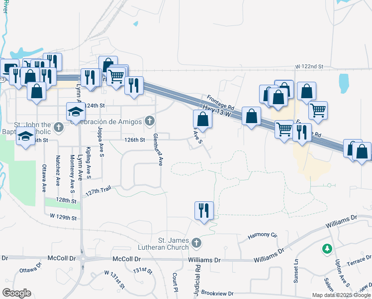 map of restaurants, bars, coffee shops, grocery stores, and more near 12614 Chowen Bend in Burnsville