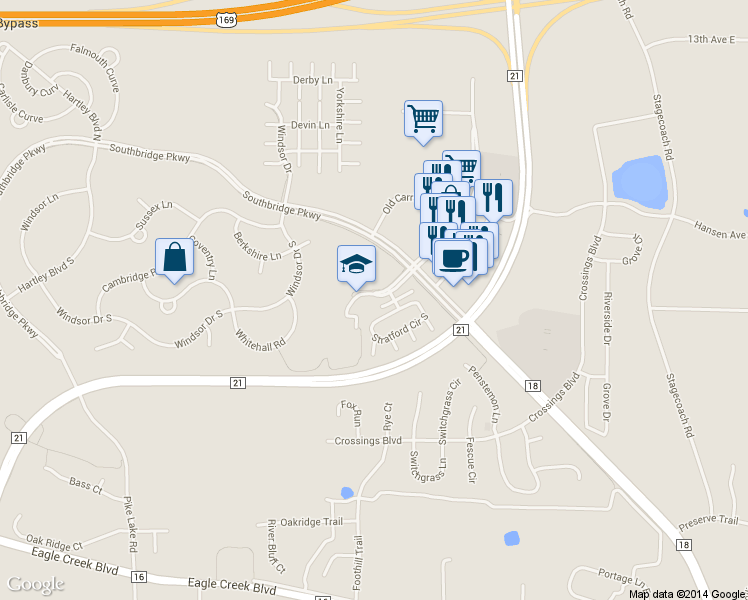 map of restaurants, bars, coffee shops, grocery stores, and more near 7842 Old Carriage Court in Shakopee