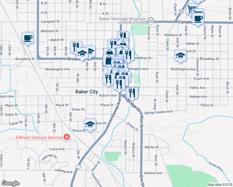 map of restaurants, bars, coffee shops, grocery stores, and more near 1705 Main Street in Baker City