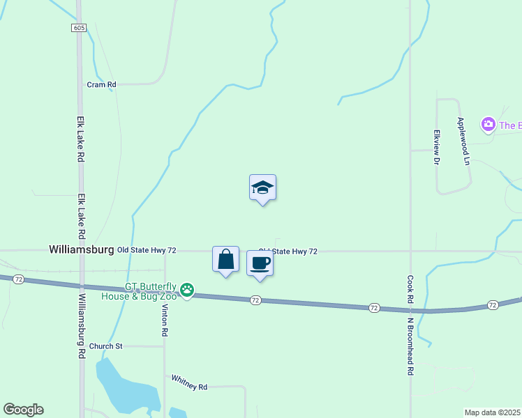map of restaurants, bars, coffee shops, grocery stores, and more near 9039 Old State Highway 72 in Williamsburg