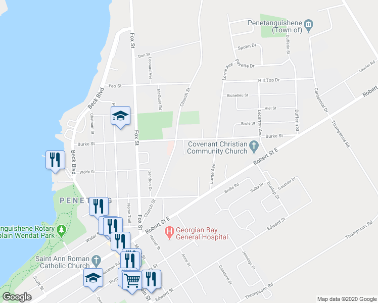 map of restaurants, bars, coffee shops, grocery stores, and more near in Penetanguishene